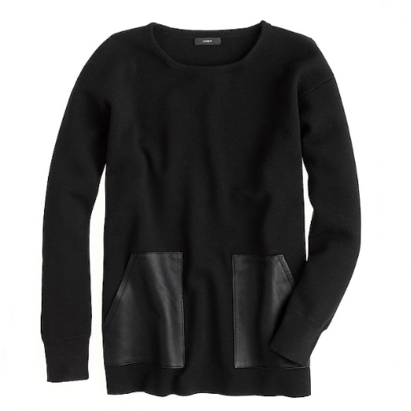 JCREW WOMENS BLACK LONG TUNIC LENGTH SWEATER LEATHER POCKETS SZ MEDIUM CREWNECK - Picture 1 of 5